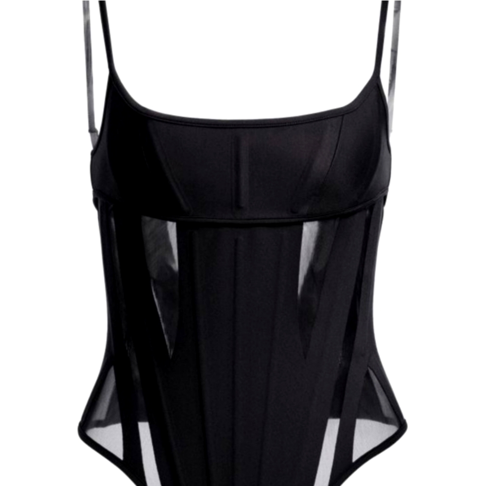 NWT Mugler x HM Mesh-paneled Corset Top black, sz XS Limited Edition H&M - Picture 2 of 7